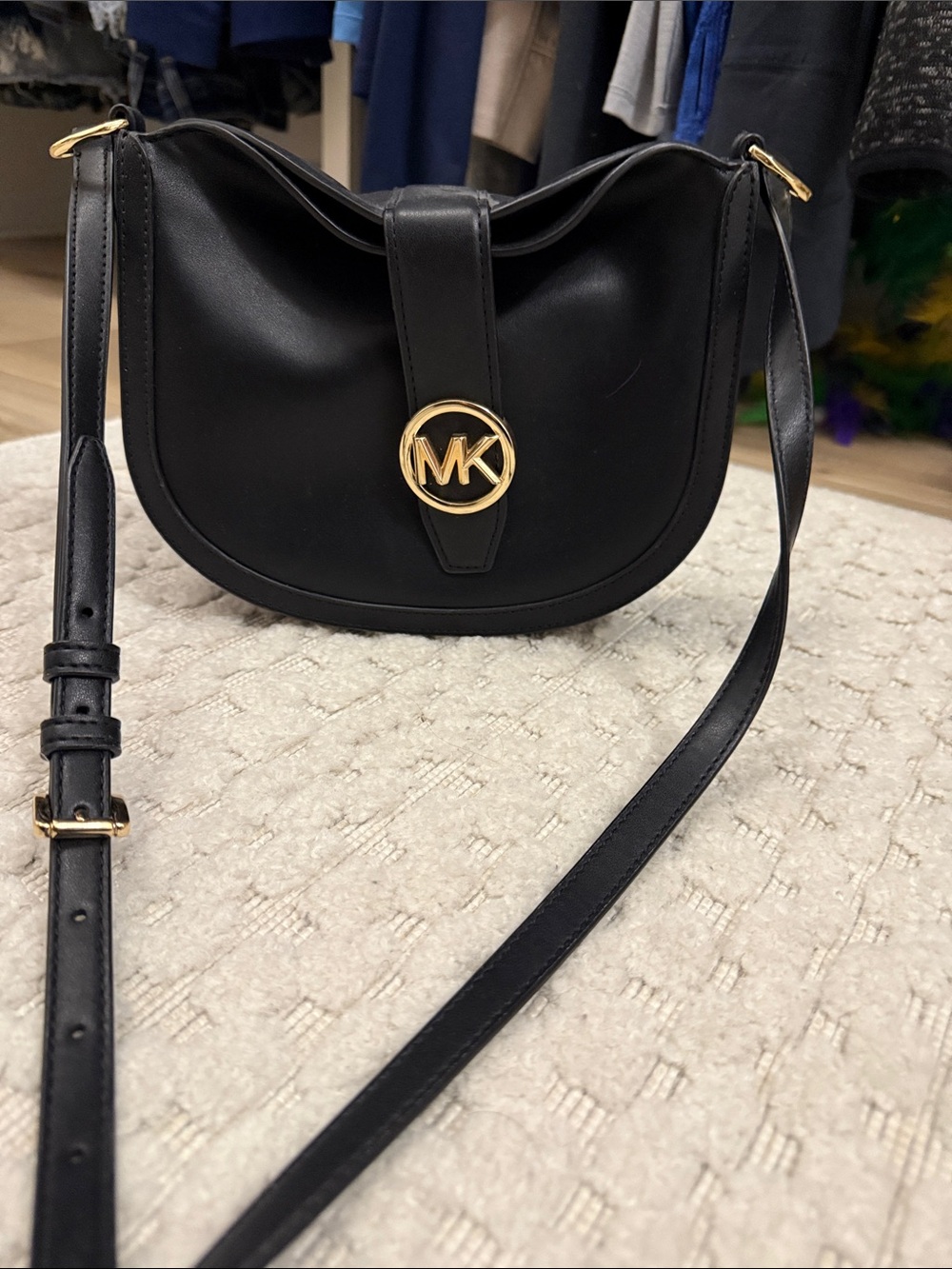 Michael Kors Black Leather Crossbody Saddle Bag with Gold MK Emblem